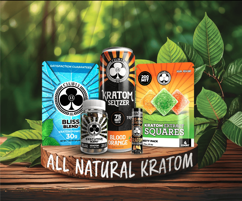 club 13 kratom products lined up