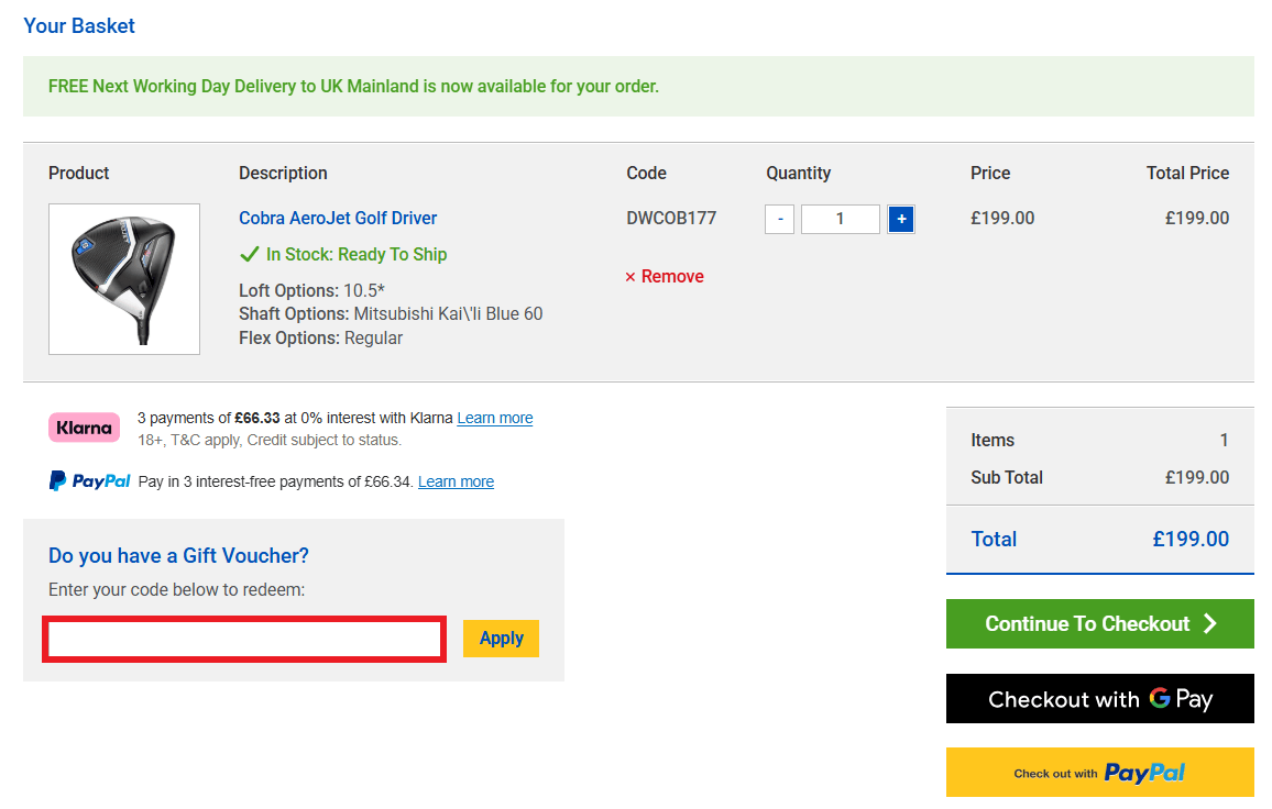 Clubhouse Golf discount code box in shopping basket