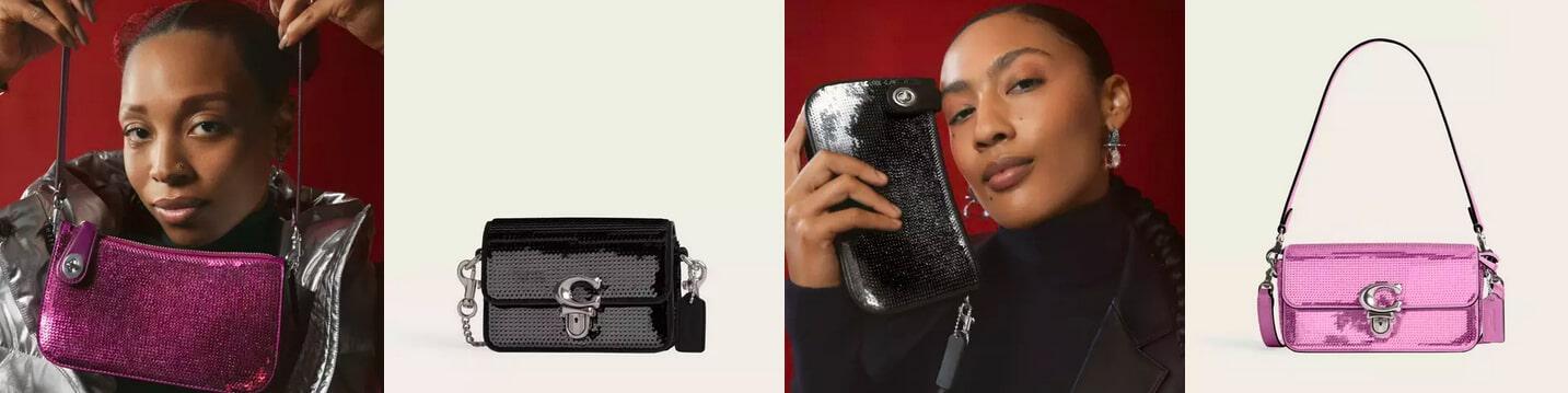 Stylische Handtashen bei Coach mit Pailletten in lila und schwarz