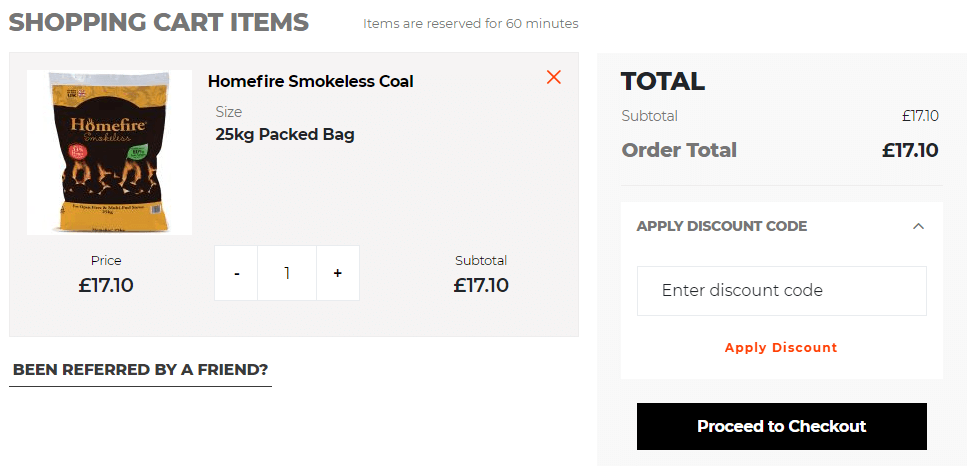 Coals2u discount code box in shopping cart screenshot