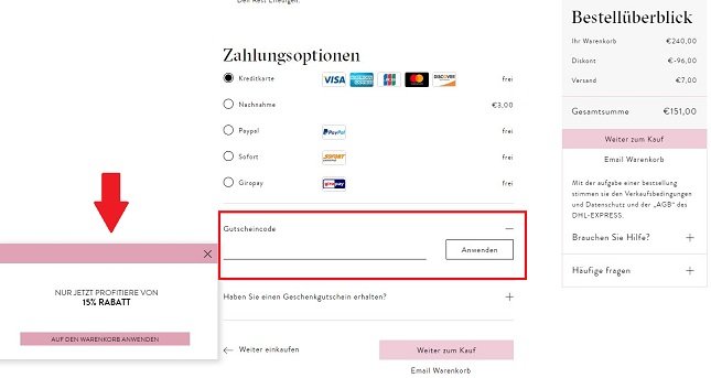 Warenkorbansicht mit Eingabefeld für den Coccinelle Gutscheincode