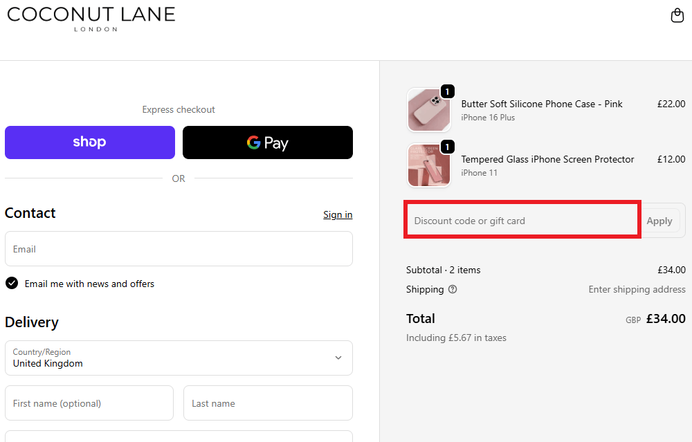 Coconut Lane discount code application box image