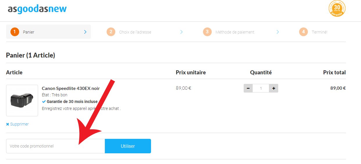 Utiliser un code promo asgoodasnew