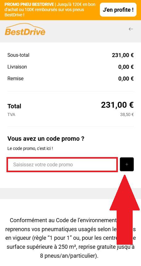 Encadré pour le code promo BestDrive dans le panier