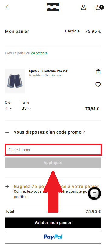Encadré pour code promo Billabong dans le panier en ligne