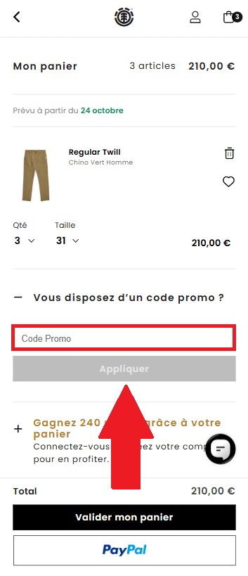 Encadré pour code promo Element dans le panier en ligne