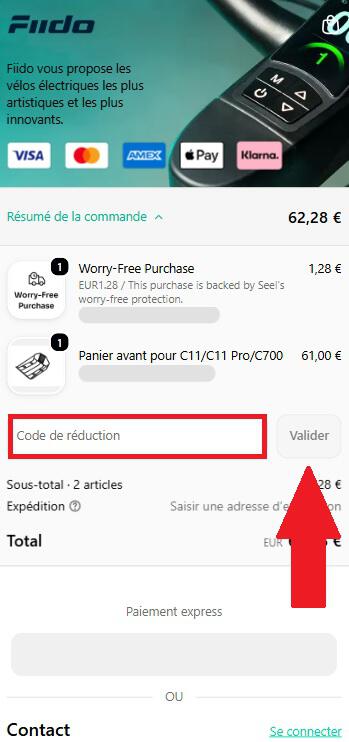 Encadré pour code promo dans le panier Fiido