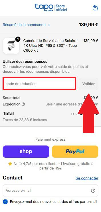 Encadré pour code promo dans la panier en ligne Tapo