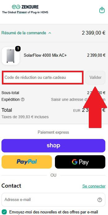 Encadré pour code promo Zendure dans le panier en ligne