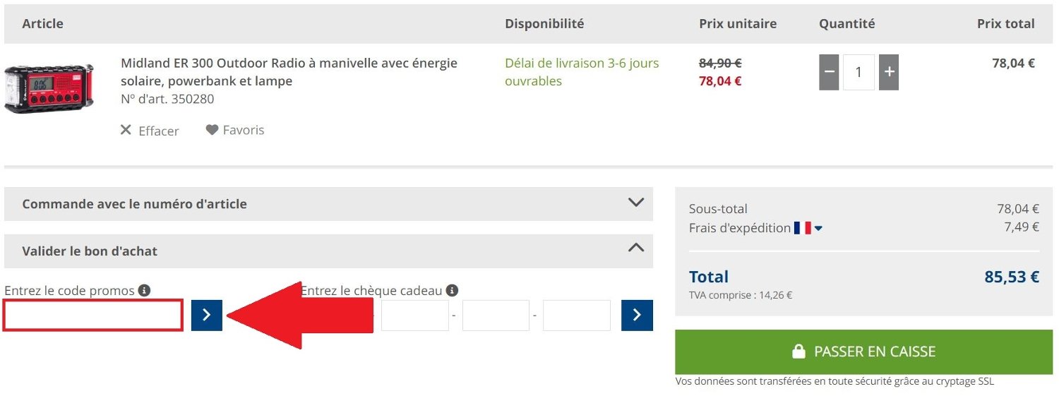 Emplacement pour code promo Berger Camping dans le panier en ligne