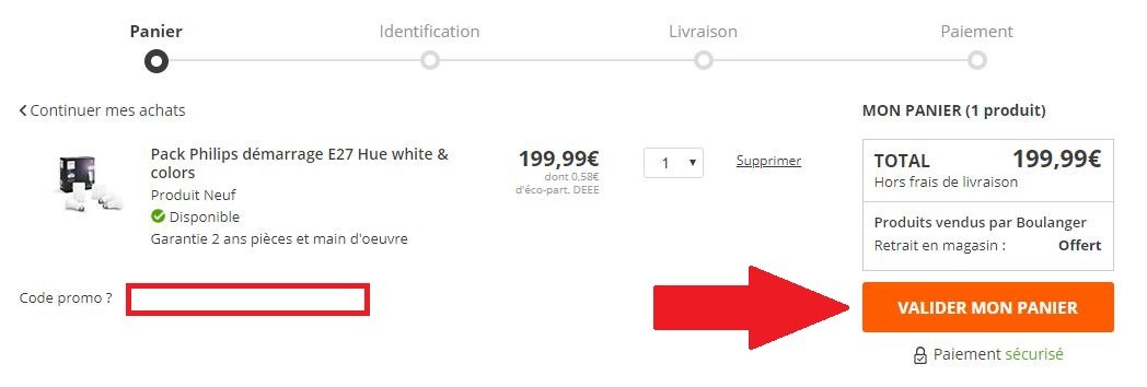 Panier de commande avec codes promo Boulanger