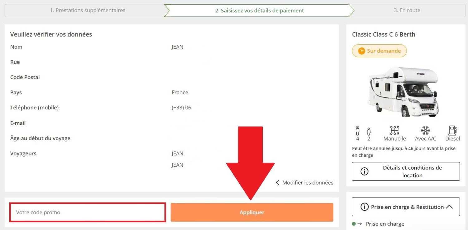Emplacement de code promo CamperDays dans le panier de réservation en ligne
