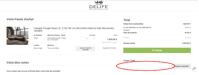 Emplacement pour code promo DELIFE
