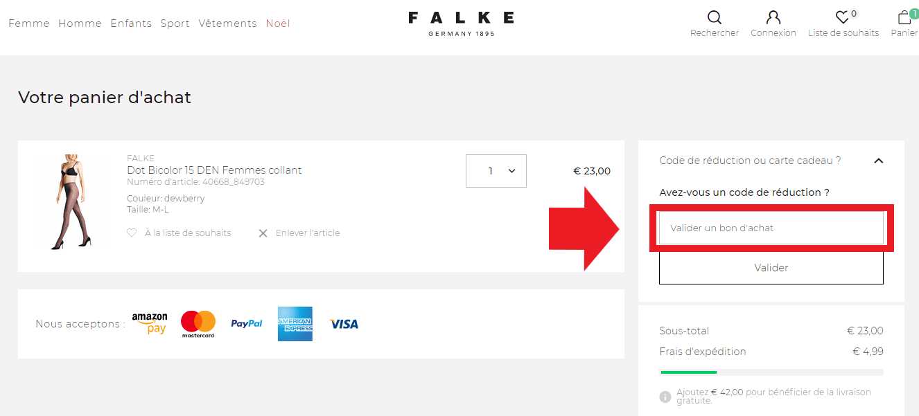Panier de commande avec emplacement pour codes promo Falke