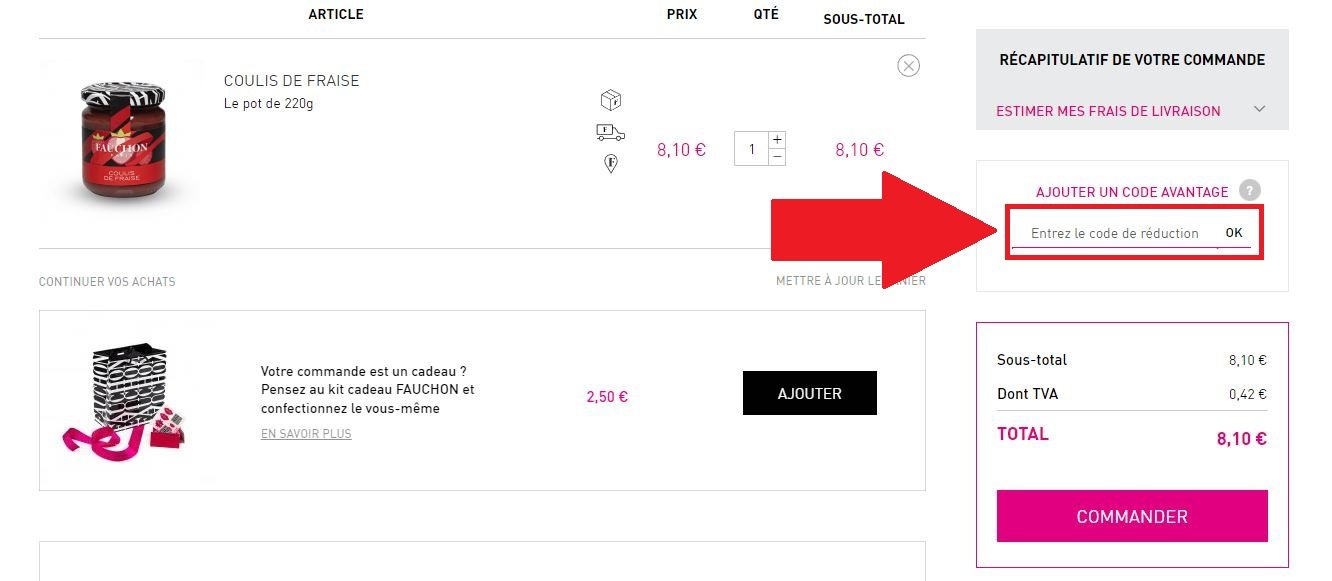 Emplacement de code promo Fauchon dans le panier en ligne