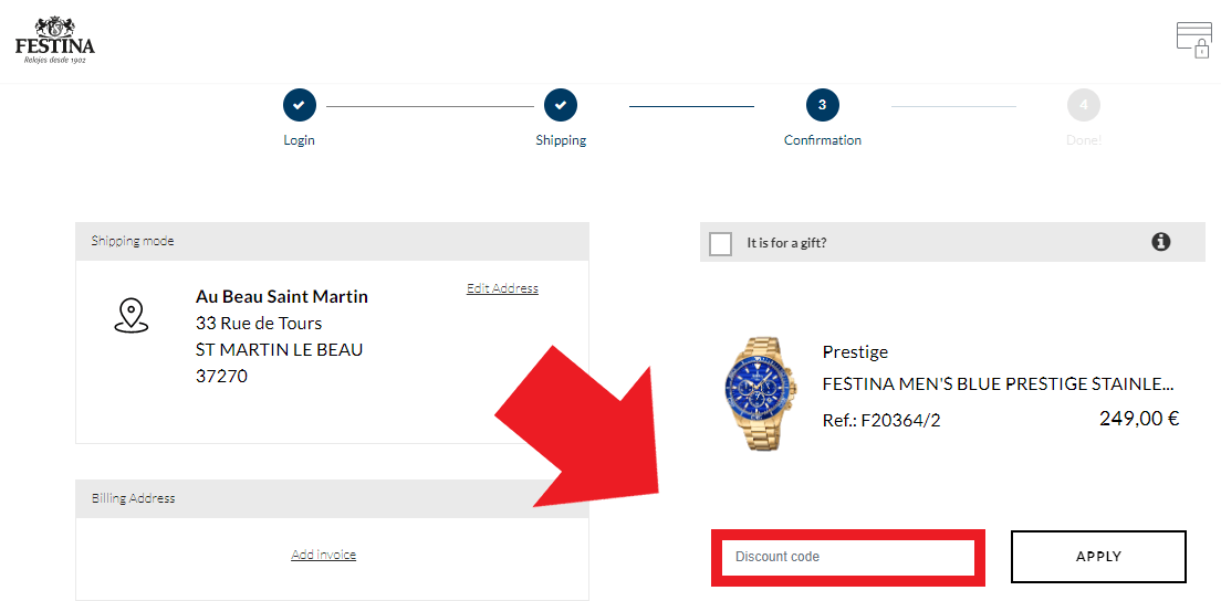 Emplacement codes promo Festina