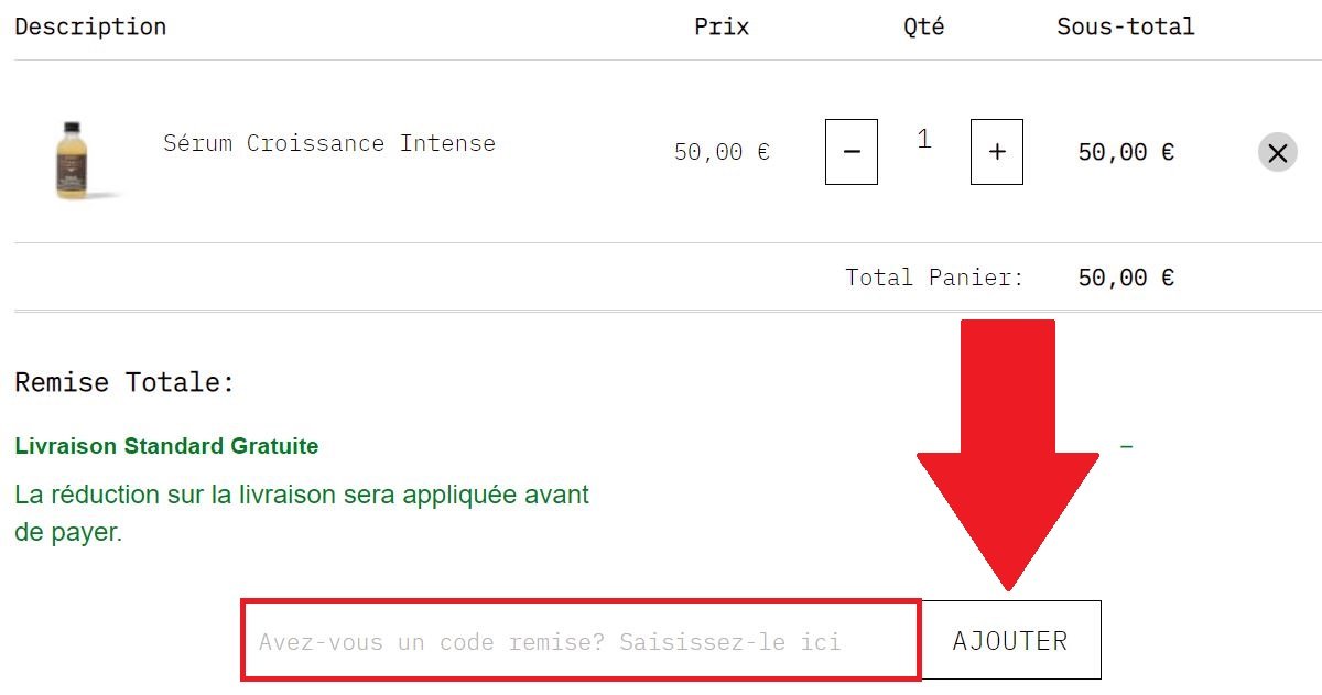 Emplacement pour ajouter un code promo Grow Gorgeous
