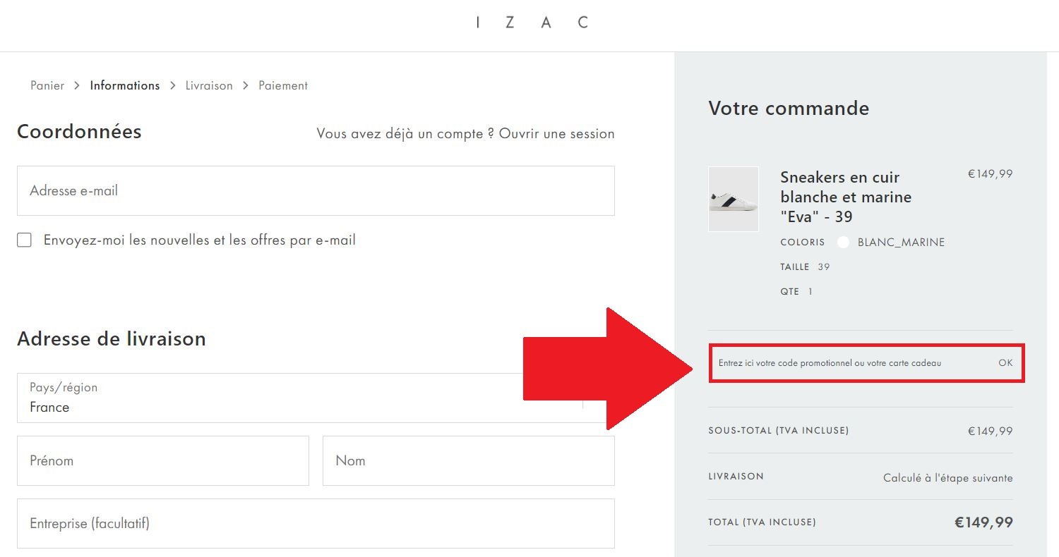 Emplacement pour codes promo Izac