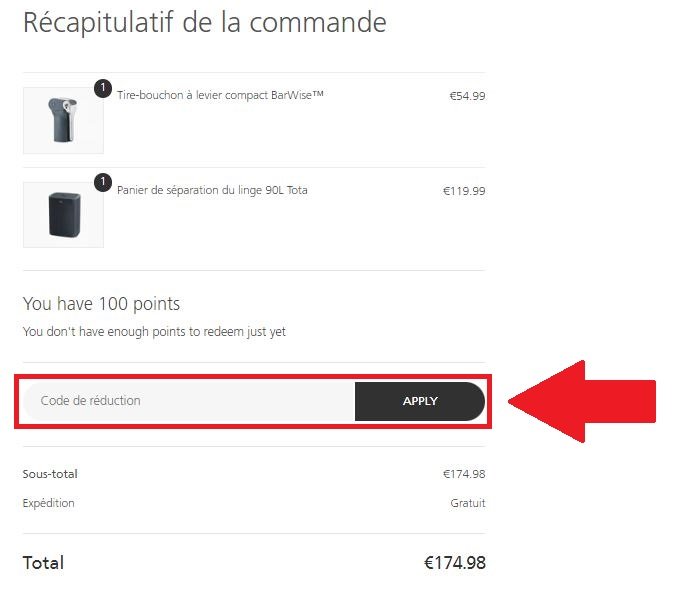 Panier de commande avec encadré pour code promo Joseph Joseph
