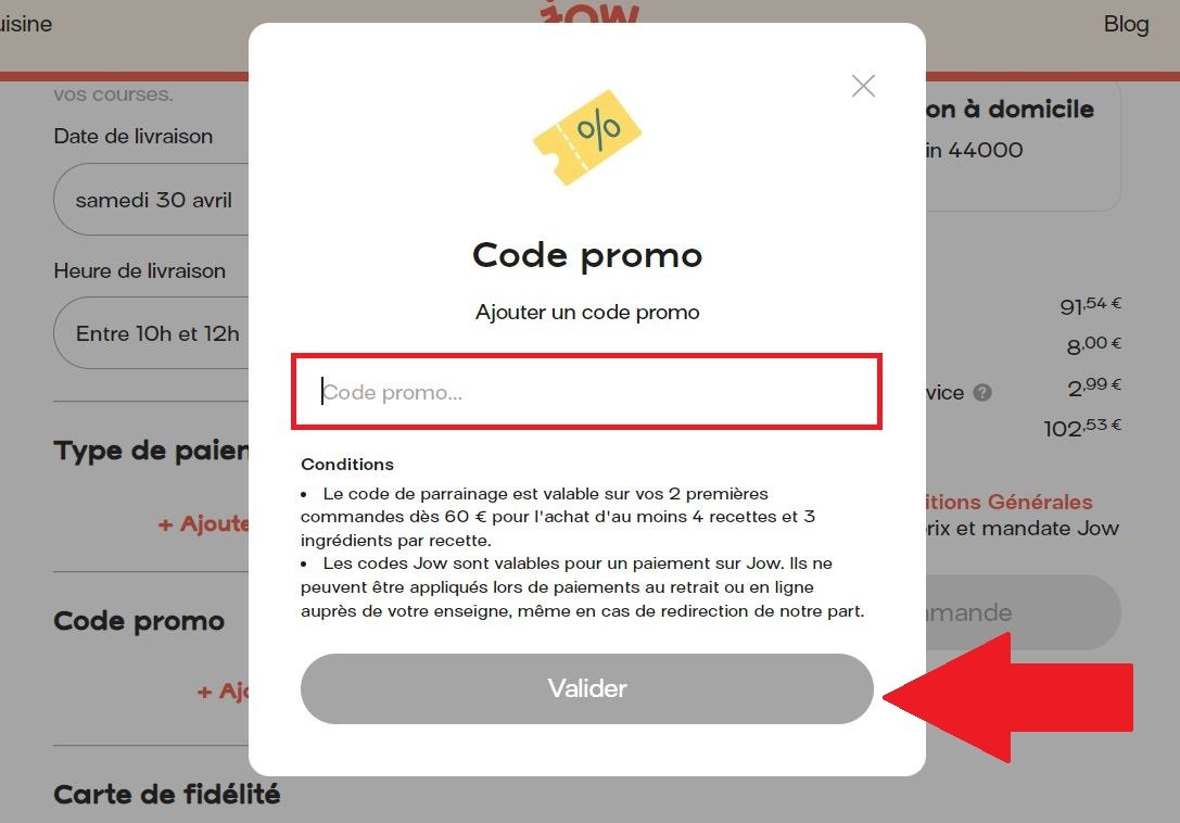 Emplacement pour code promo Jow