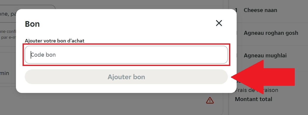 Emplacement de code promo Just Eat dans le panier de commande
