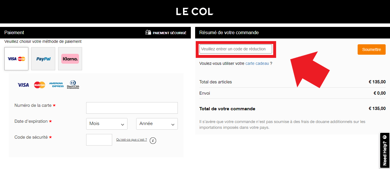 Emplacement pour codes promo Le Col