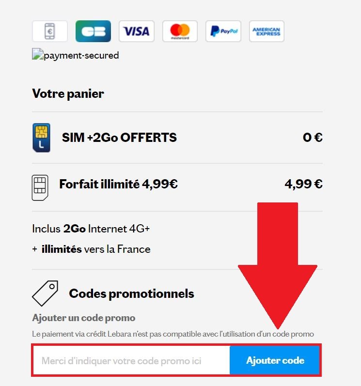 Emplacement pour codes promo Lebara