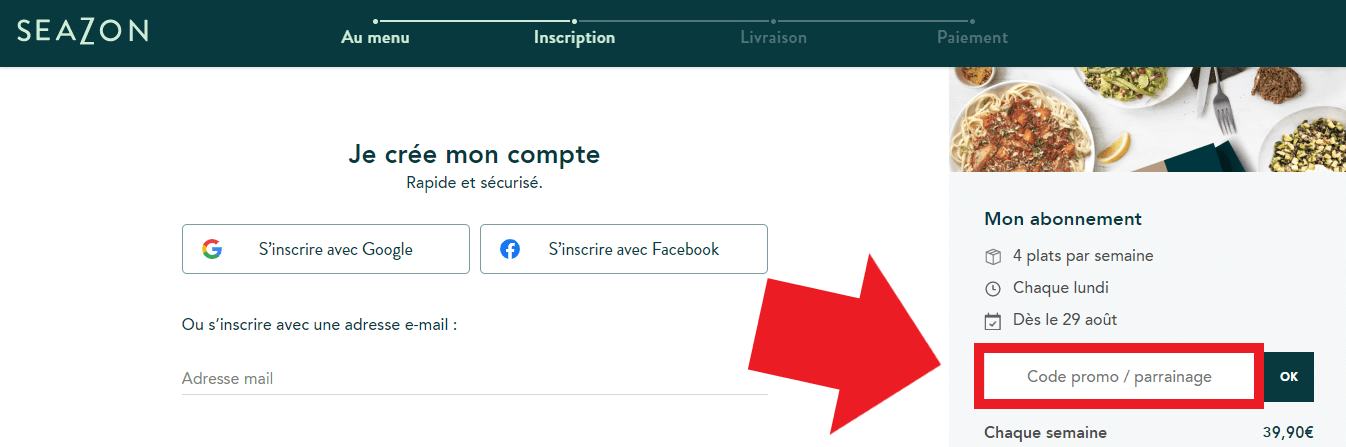 Emplacement pour code promo Seazon