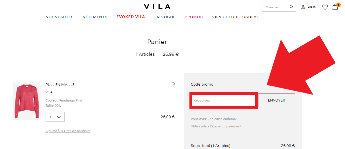 Emplacement pour codes promo Vila