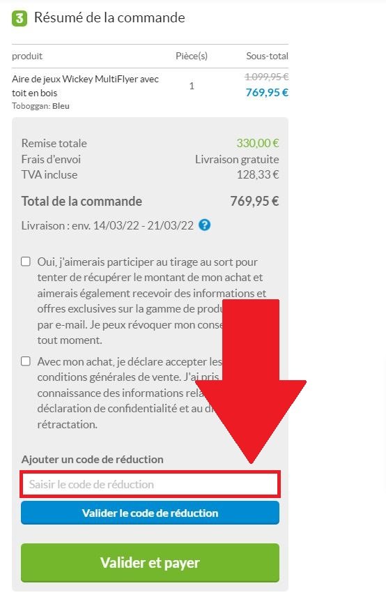 Emplacement pour code promo Wickey