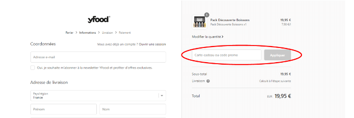 Emplacement pour code promo YFood