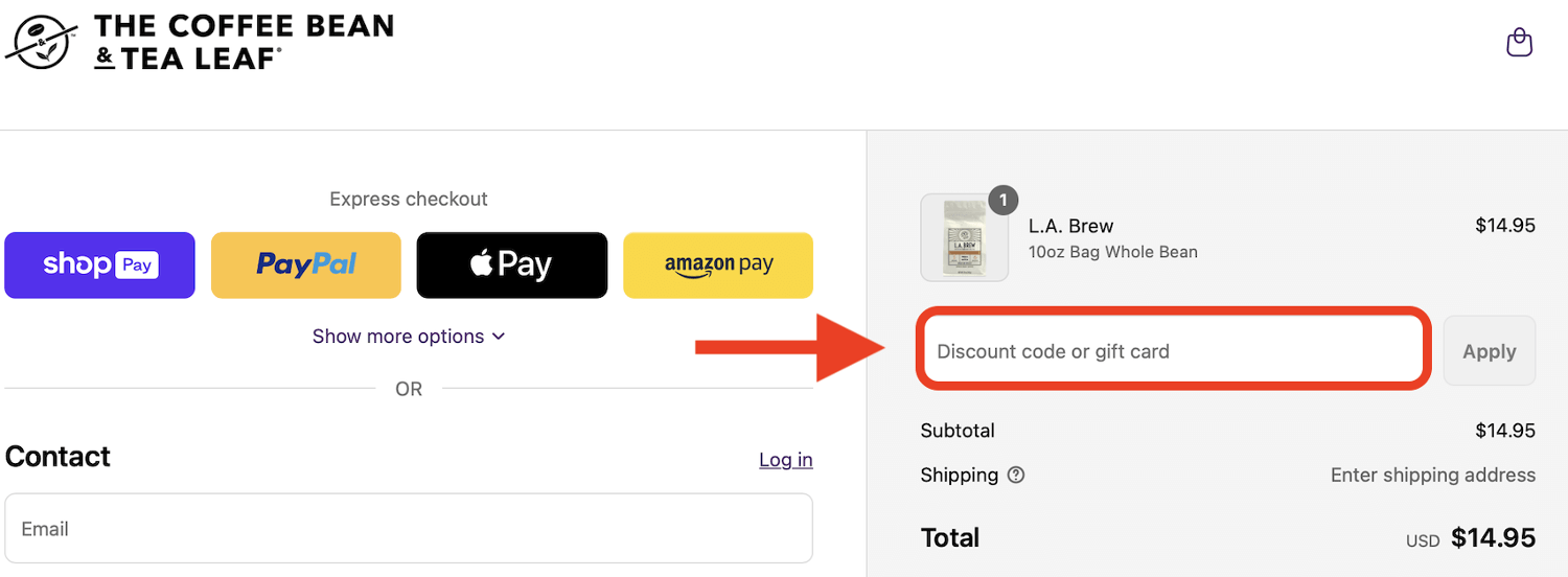 red arrow pointing to discount code box