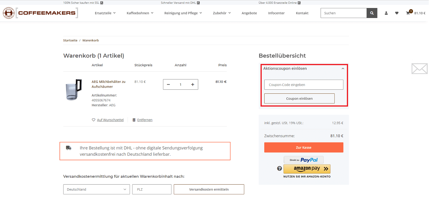 Screenshot vom Warenkorb mit Eingabefeld zum Coffeemakers-Gutschein einlösen