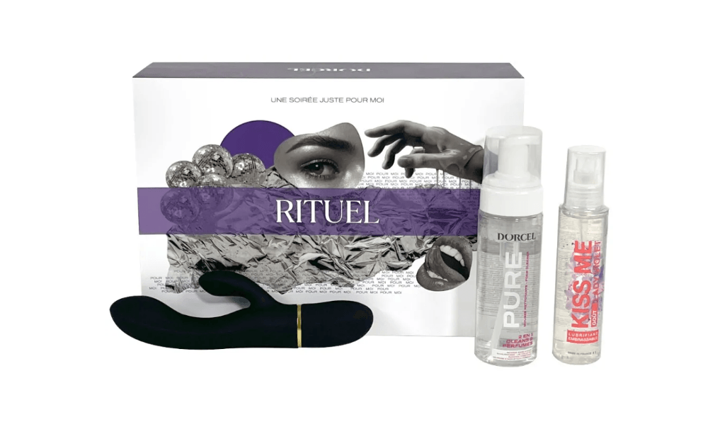 Coffret Dorcel Store avec un Glam rabbit noir, un lubrifiant et une mousse nettoyante