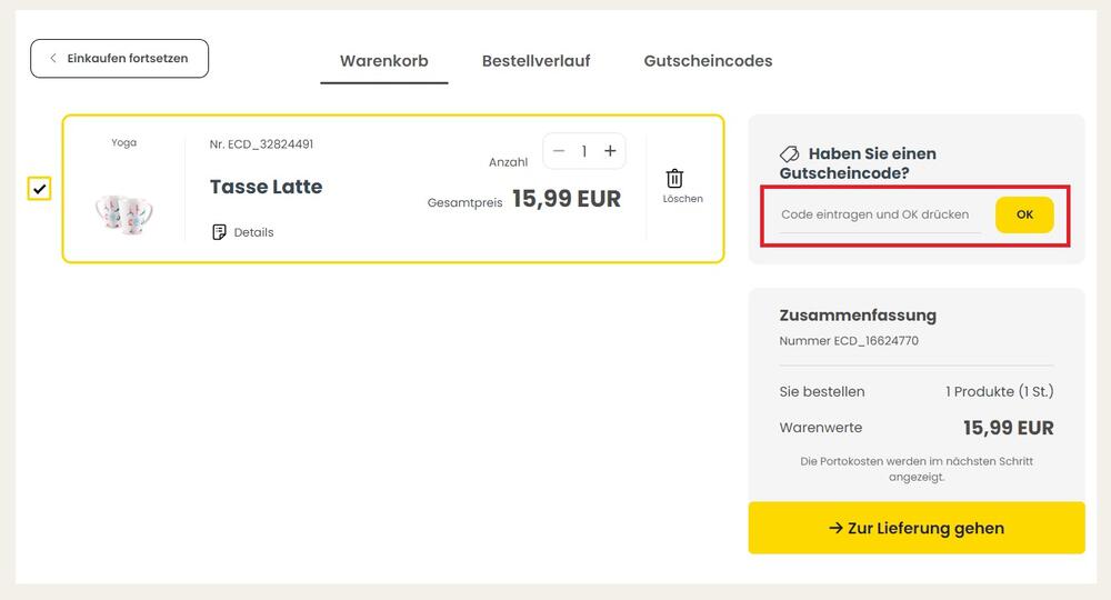 Warenkorbansicht mit Eingabefeld für einen Colorland Gutschein