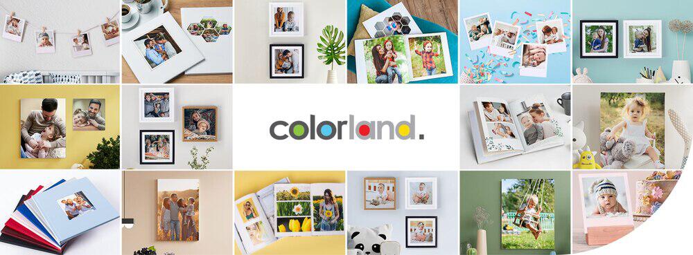 Banner der Seite für Colorland Gutscheine: Mosaik aus verschiedenen Fotoprodukten und dem Unternehmenslogo in der Mitte