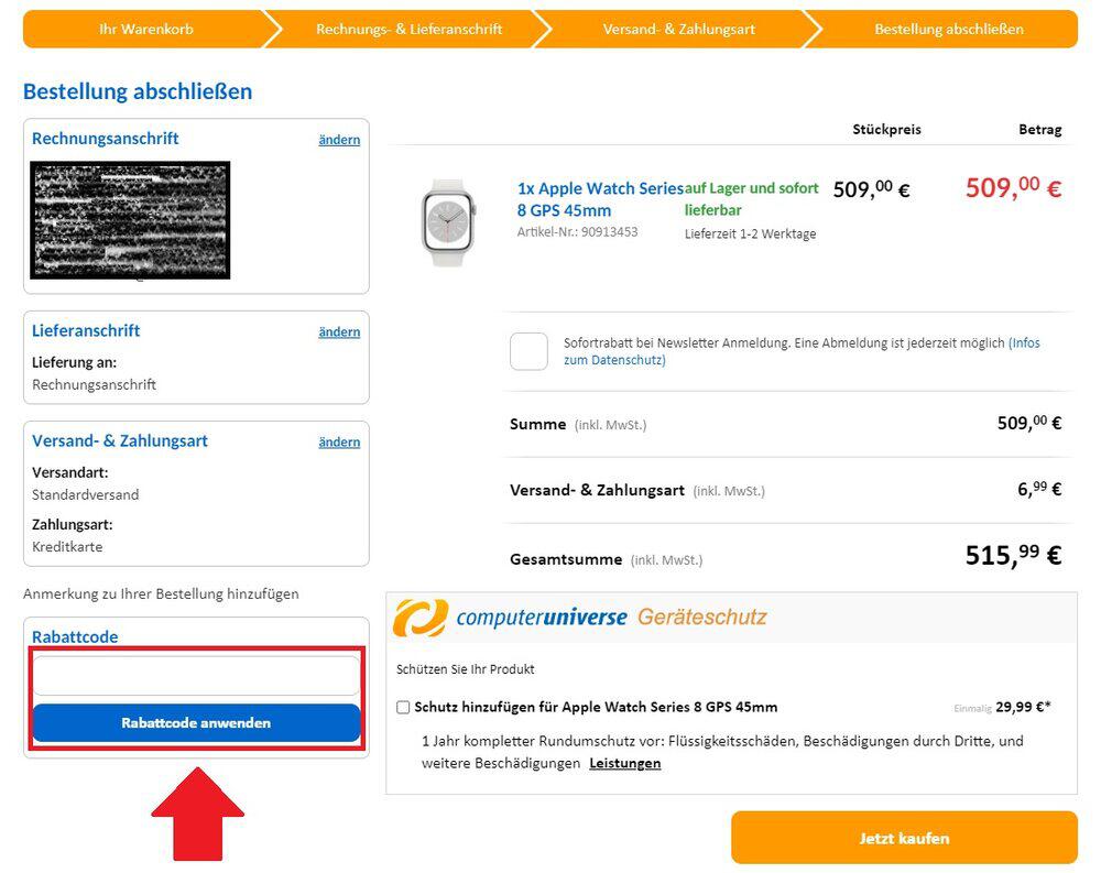 Screenshot von der virtuellen Kasse mit Eingabefeld, wo du einen Computeruniverse Gutschein einlösen kannst