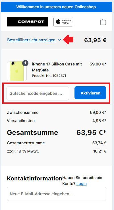 Eingabefeld für den COMSPOT Gutschein-Code im Bestellprozess