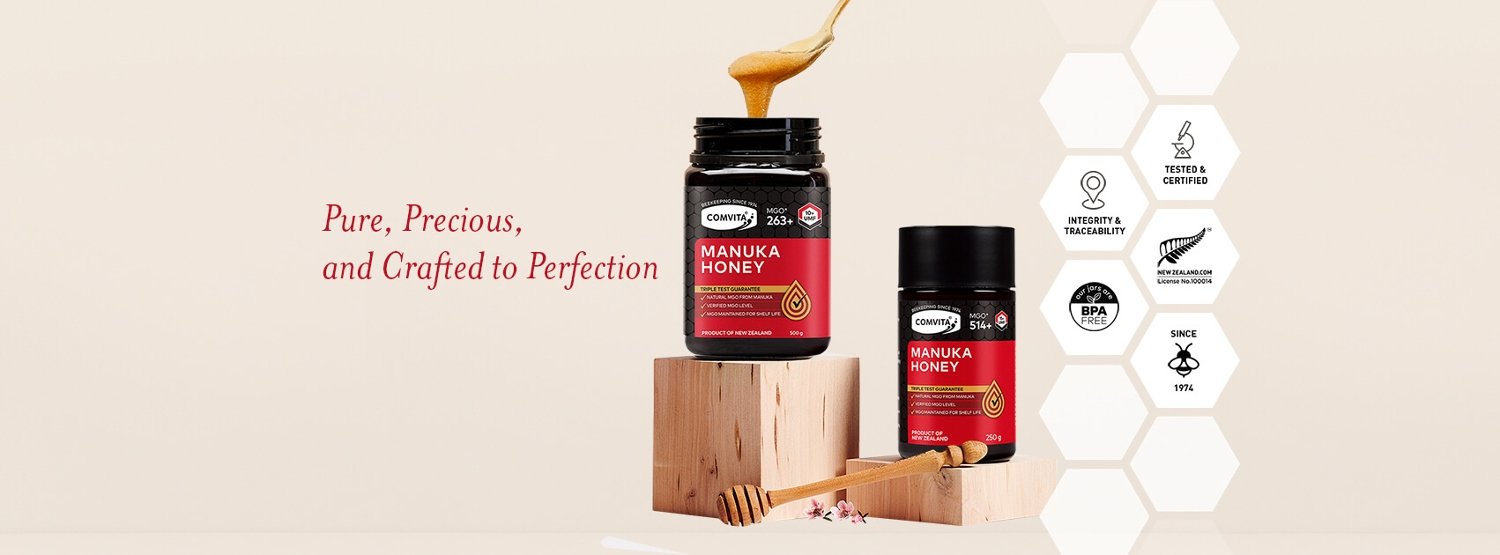 Image of Comvita Manuka Honey products. Text reads: Pure, Precious, and Crafted to Perfection