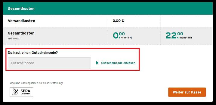 Screenshot vom Eingabefeld für Congstar Gutschein