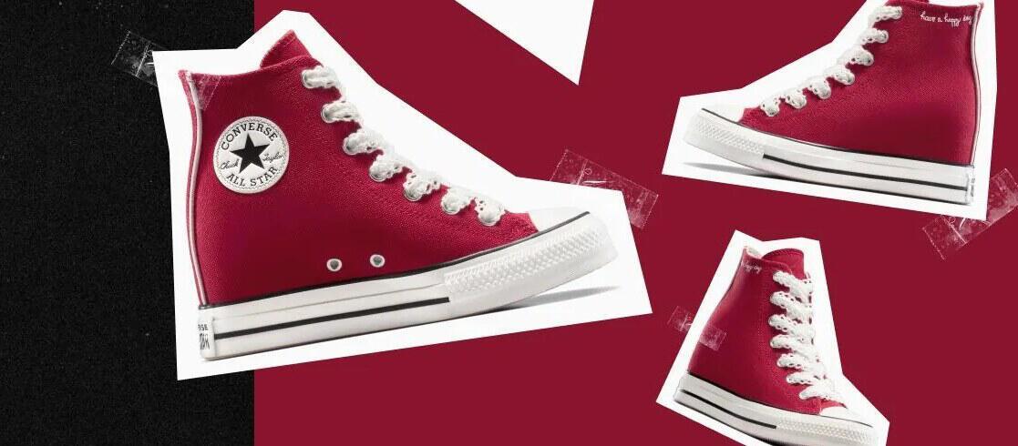 Converse deals page banner - 3 different images of a red high top converse shoe against a red and black background
