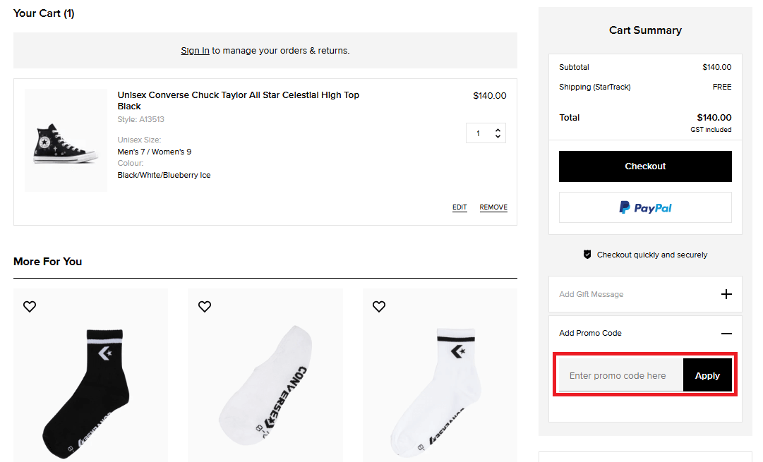 Converse discount code box in shopping cart image