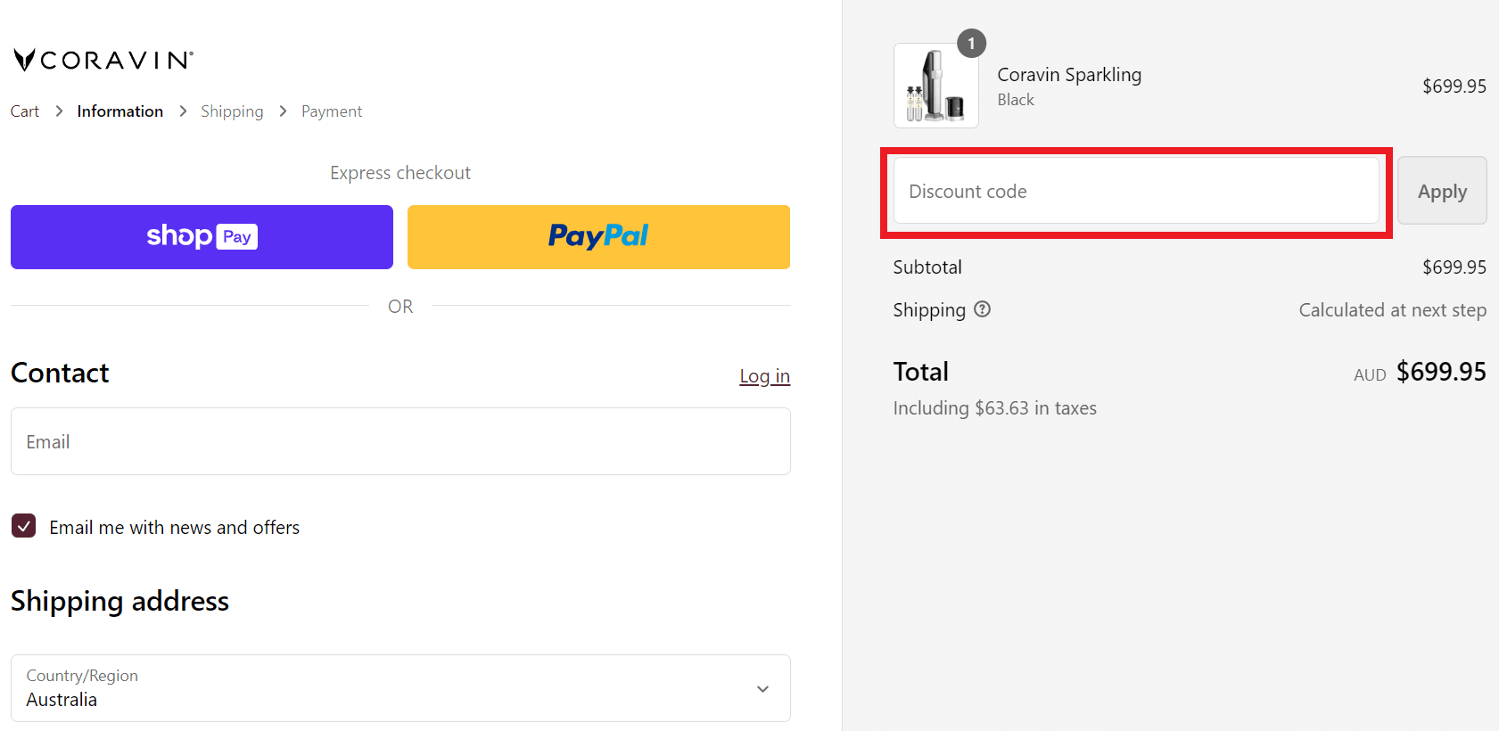 Coravin discount code box during checkout on the website