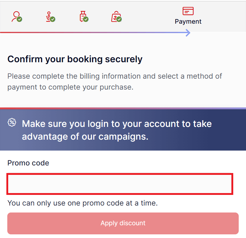 Corendon Airlines discount code box during the booking process