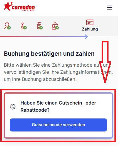 Screenshot vom Eingabefeld mit Hinweis darauf, wo du den Corendon Airlines Gutschein anwenden kannst