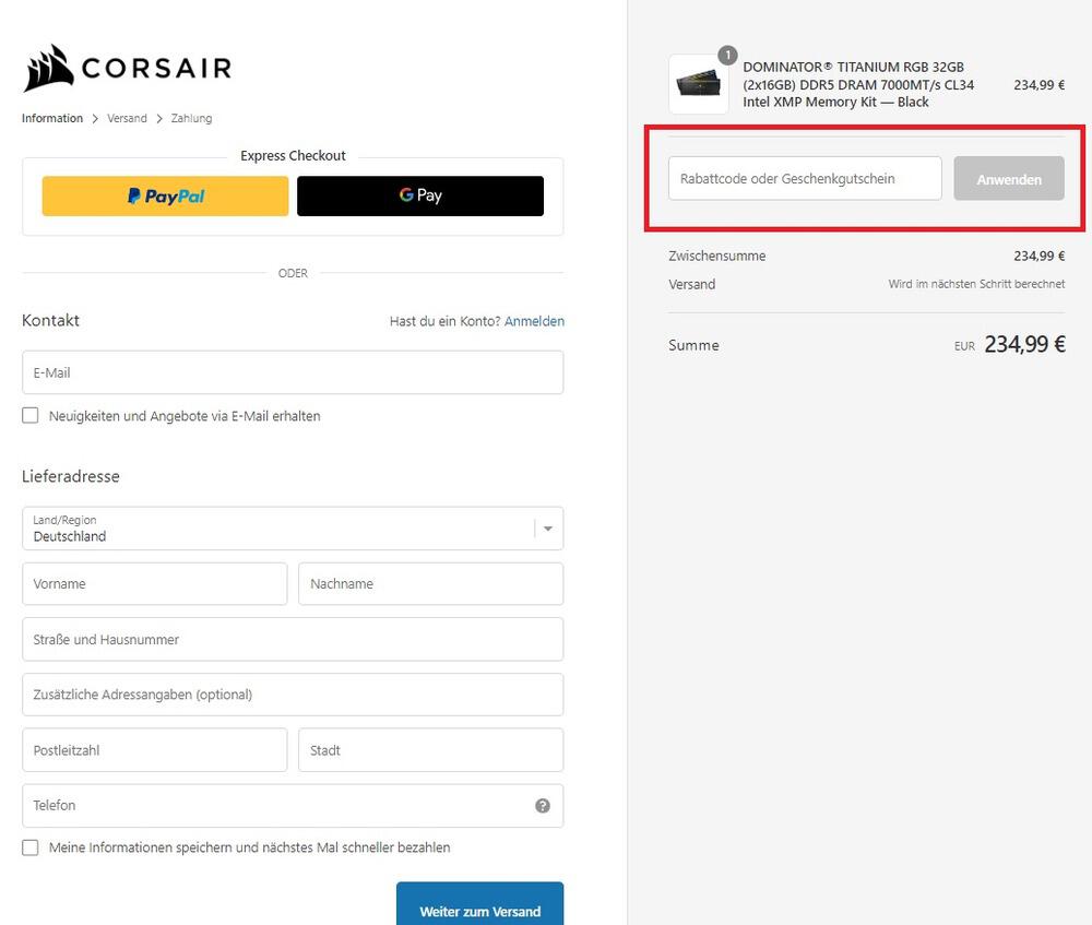 Screenshot aus dem Warenkorb mit Hinweis darauf, wie du den Corsair Gutschein anwenden kannst