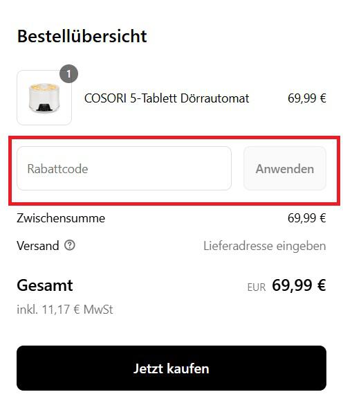 COSORI Gutschein Eingabefeld