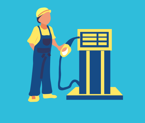Graphic illustration of a person beside a petrol pump