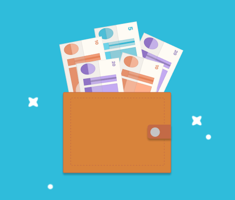 Graphic illustration of a wallet containing £5, £10 and £20 notes