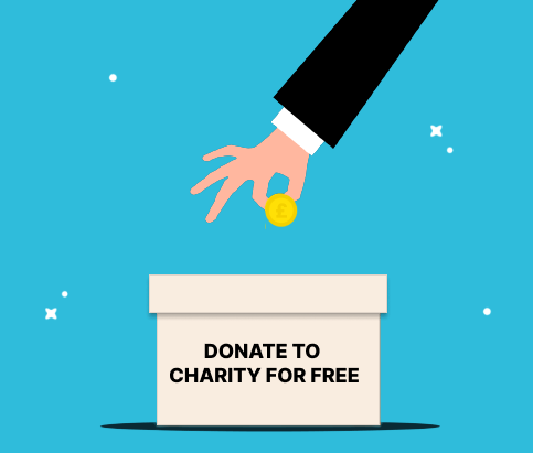 Graphic illustration of a hand making a charitable donation into a charity box. Text on the box reads: Donate to charity for free